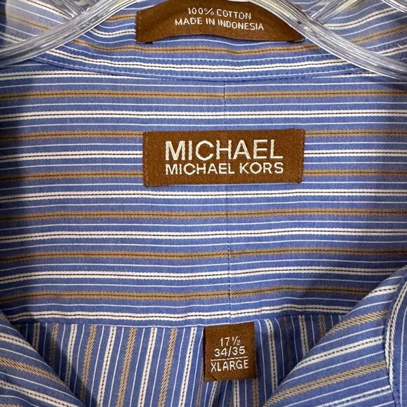 Michael Michael Kors Mens XL Blue/Brown Striped Button Down Shirt - Picture 3 of 4